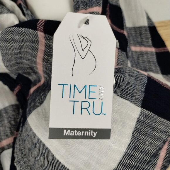 Time and Tru Maternity Womens Large Woven Button Up Top Blue Plaid Shirt - Picture 8 of 10